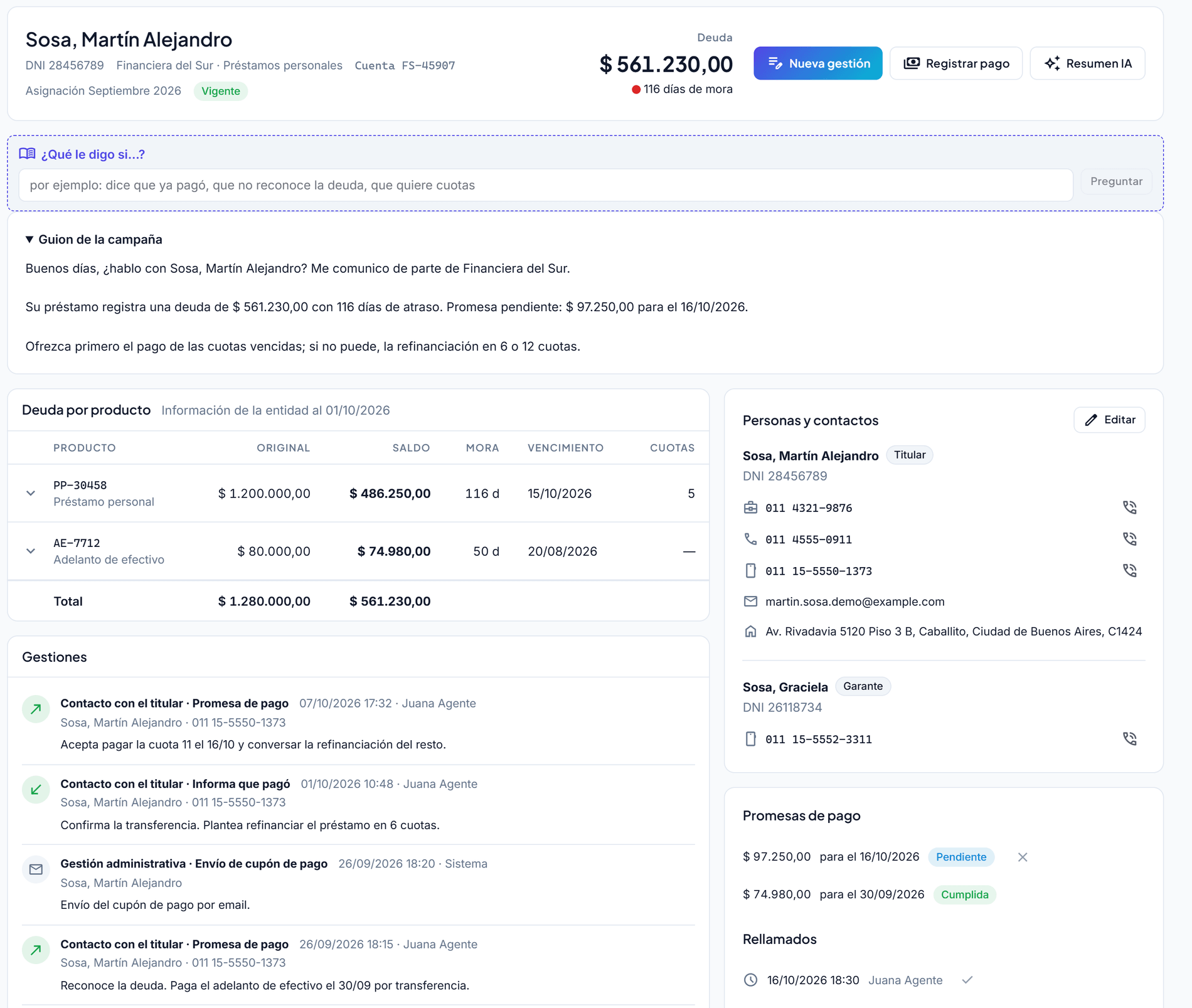 Ficha de una cuenta en Woden: deuda por producto, guion de la campaña, gestiones, contactos y promesas de pago
